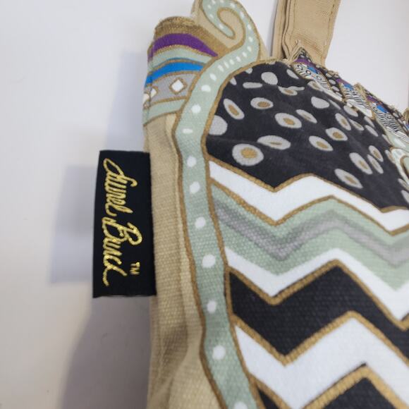 Laurel Burch 3 Cats Brown Green Small Canvas Tote Bag Purse Folk Art Feline - Picture 4 of 7